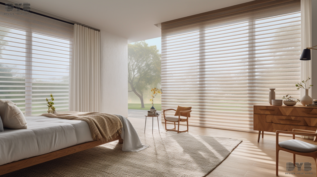 Silhouette shot of a bedroom in Lighthouse Point with sheer curtains and a view of the backyard.