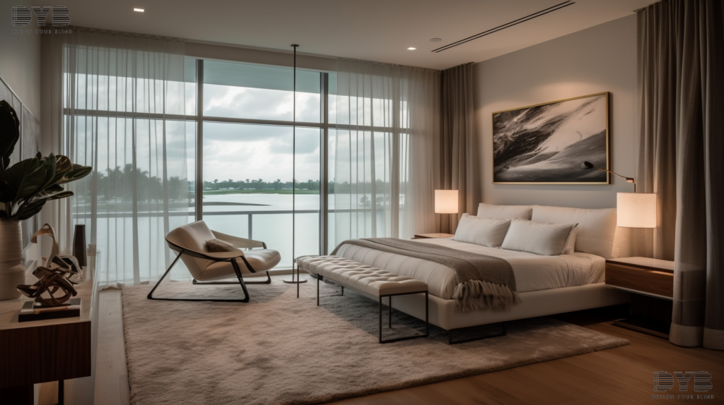 Sheer Curtains in a Delray Beach Master Bedroom with Intercoastal Waterway views, enhancing the space's tranquility.