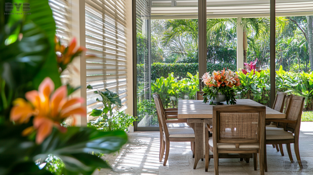 Casual dining room in Boynton Beach, FL, with Zebra Shades on large windows, showcasing a garden view