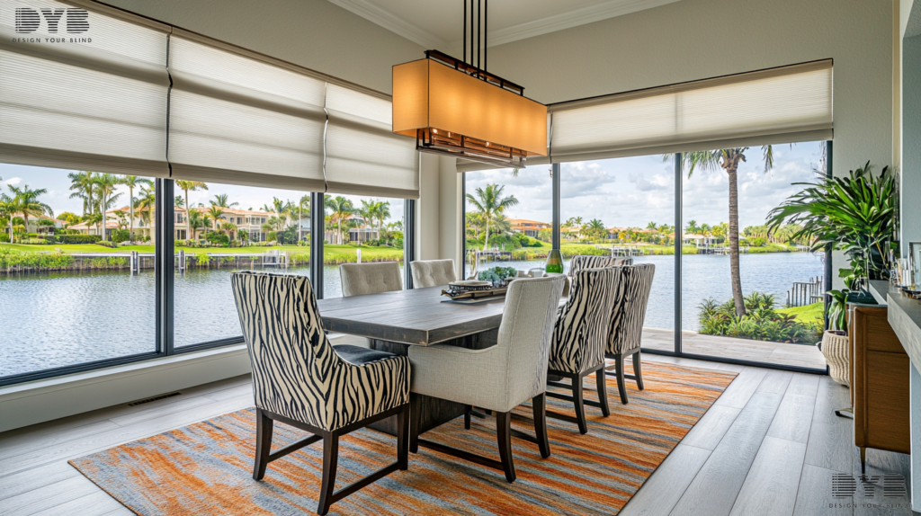 Coastal dining room in Boynton Beach, FL, with Zebra Shades on large windows, showcasing a canal view