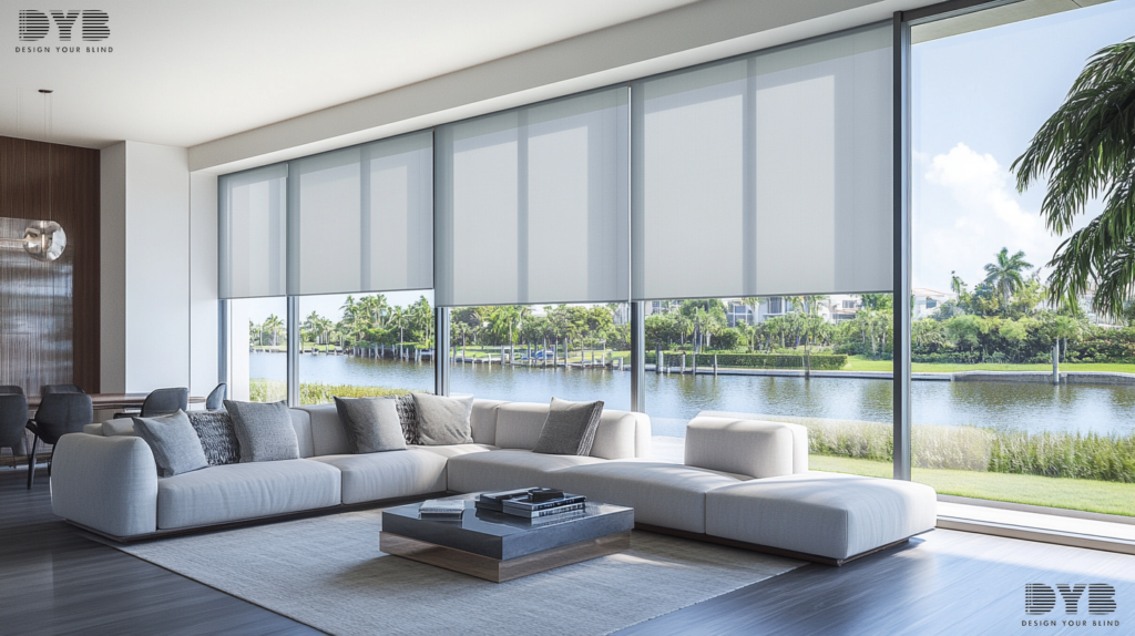 Blackout Roller Shades in a Boca Raton Family Room create a silhouette effect, blocking out all light for a peaceful sleep.