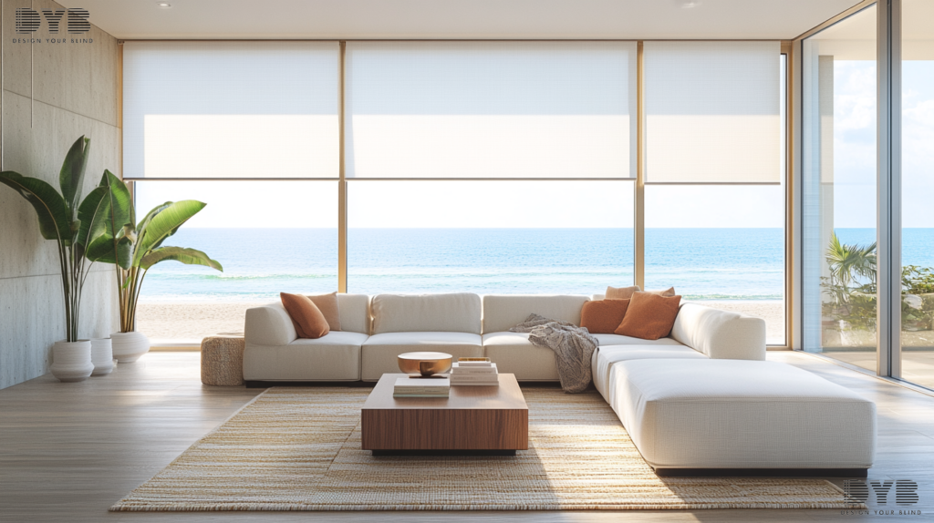 A modern Boca Raton Family Room with Blackout Roller Shades, offering a beautiful view of the ocean with soft, diffused light.