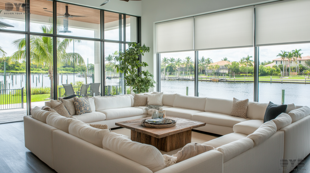 A farmhouse-style Family Room in Boca Raton with Blackout Roller Shades, offering a cozy and tranquil atmosphere.