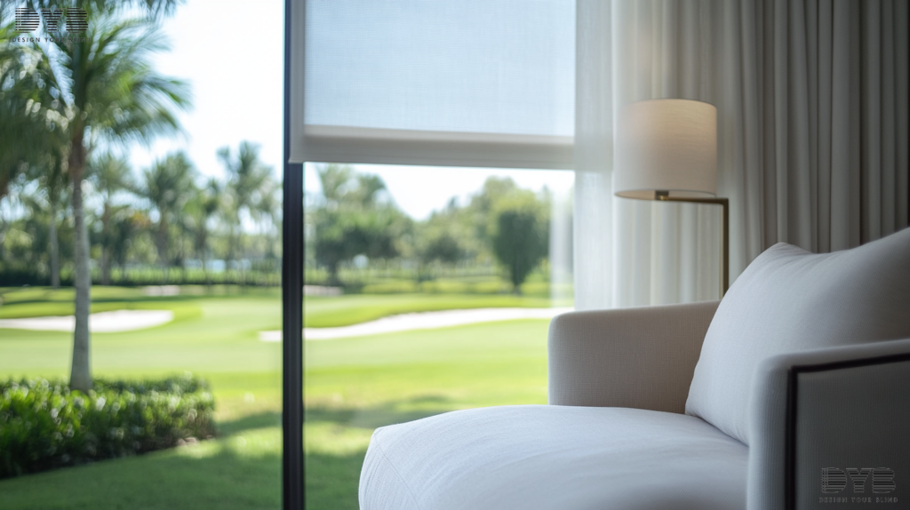 A close-up shot of a window with Solar Shades in Boca Raton, FL. The shades are fully closed, creating a sense of privacy and tranquility. The guest bedroom features a sleek, modern interior design style with furniture from Williams Sonoma. The window overlooks a lush green golf course with a serene view, adding a touch of peace to the room.