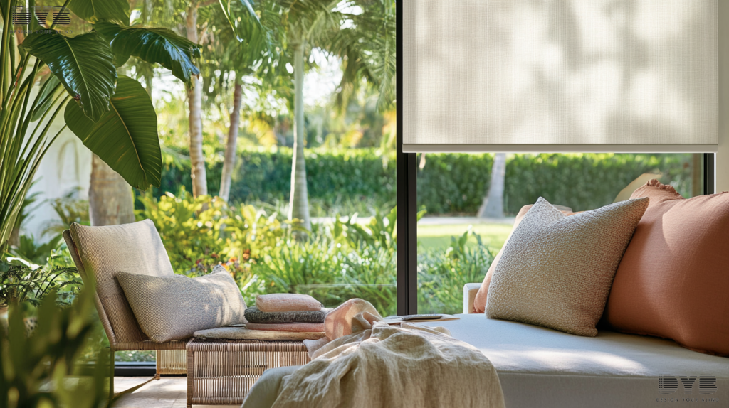 A Transitional Bedroom in Boca Raton with Blackout Roller Shades, offering a tranquil retreat with a view of a garden.