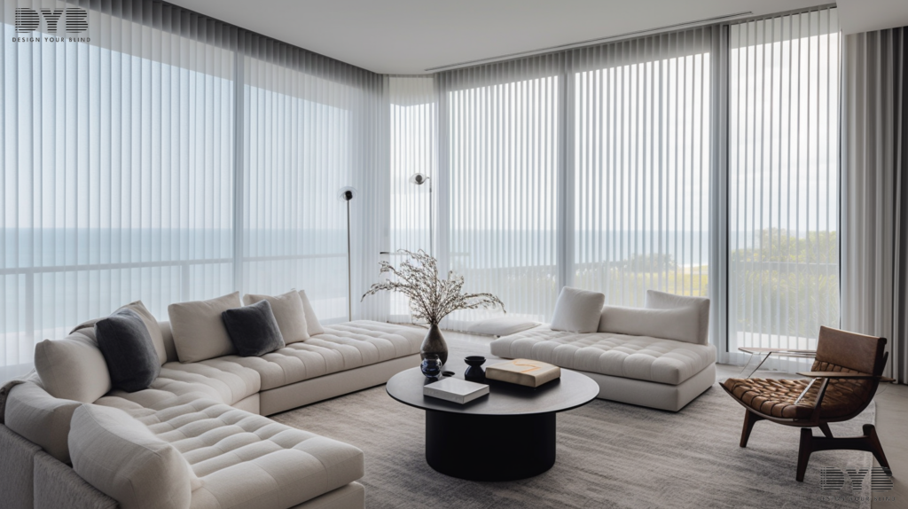 A modern living room in Boca Raton, Florida, with a sleek Urban Modern design, showcasing Blackout Curtains on floor-to-ceiling windows that overlook stunning ocean views