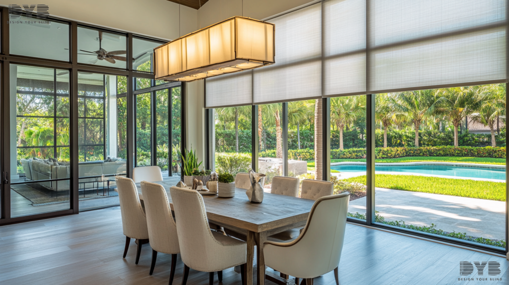 A Casual Dining Room in Boca Raton, FL, decorated in a Transitional style. The room features a set of Solar Shades on a large window, which provide both privacy and light control. The shades are fully closed, allowing soft, diffused light to filter through. The furniture is a mix of pieces from Baker Furniture, including a dining table and chairs. The large windows overlook a backyard with a pool.