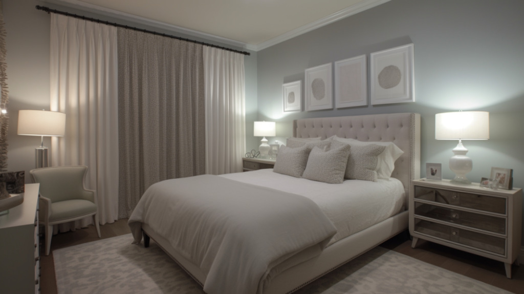 A cozy guest bedroom in Boca Raton, FL, with a Transitional design, showcasing Blackout Curtains on large windows that overlook a serene canal