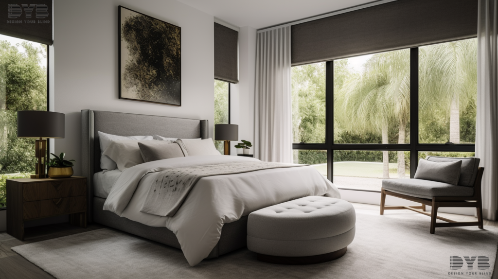 A modern bedroom in Boca Raton, FL, with a Farmhouse Modern design, showcasing Blackout Curtains on large windows that overlook a lush garden