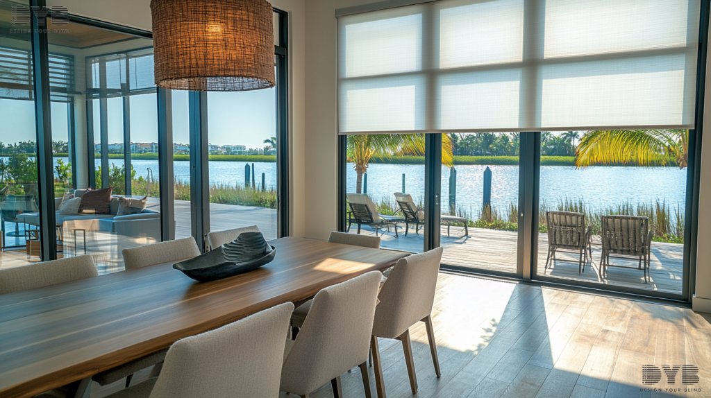 A farmhouse modern dining room in Boca Raton, Florida, showcasing a large window with partially closed Solar Shades, allowing natural light to filter through while offering privacy. The shades are the main focus of the image, and a set of Arhaus dining chairs are visible in the background. The window overlooks a beautiful canal view.