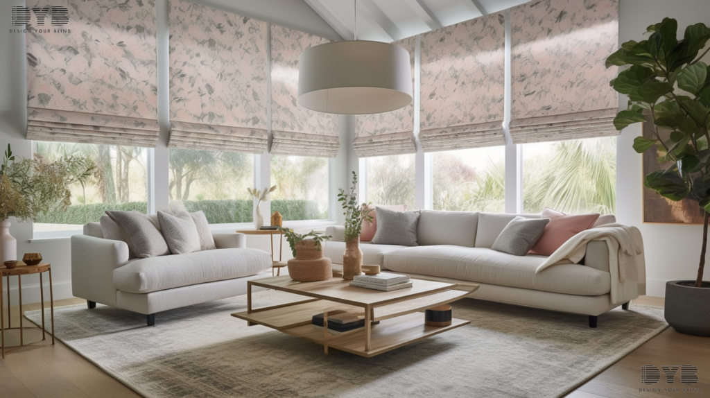 Roman Shades with Floral fabric in a West Palm Beach, FL, Living Room with a Farmhouse Modern design, featuring furniture from Crate & Barrel
