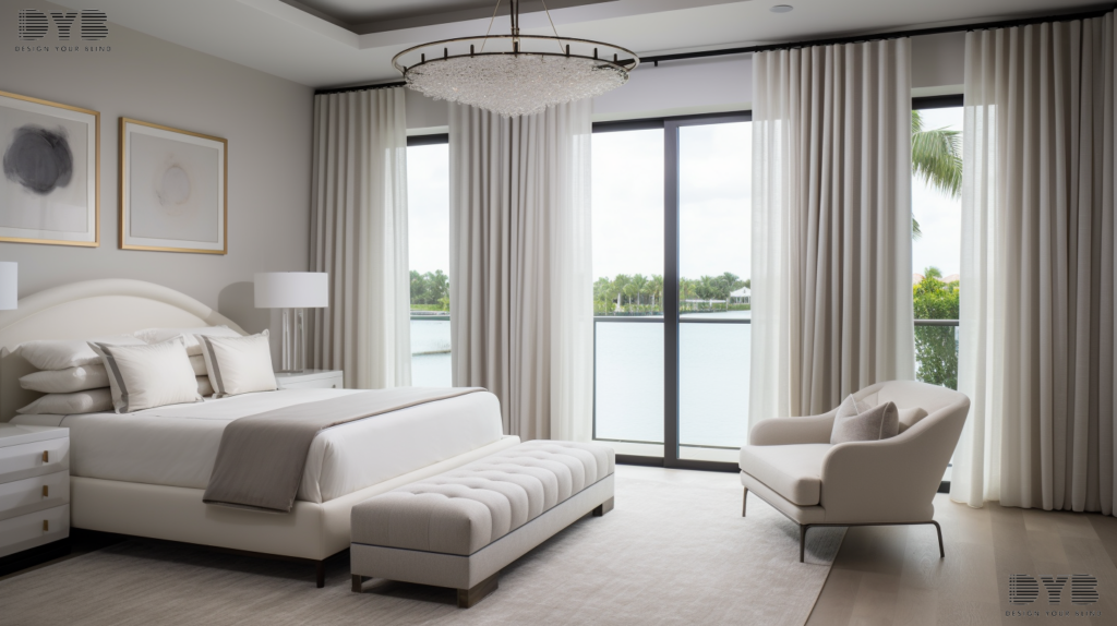 A guest bedroom in Boca Raton, Florida, with a modern Coastal design, featuring Blackout Curtains on large windows that overlook the Intercoastal Waterway