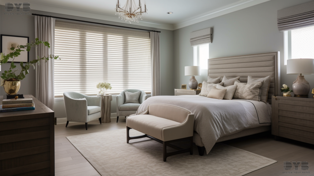 A guest bedroom with a king-sized bed and a chaise lounge, featuring Woven Wood Shades in Lighthouse Point, Florida.