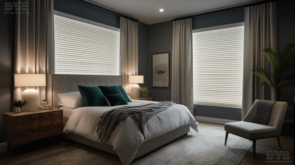 A bedroom with a bed, a side table, and a reading chair, featuring Blackout Curtains in Lighthouse Point, Florida.