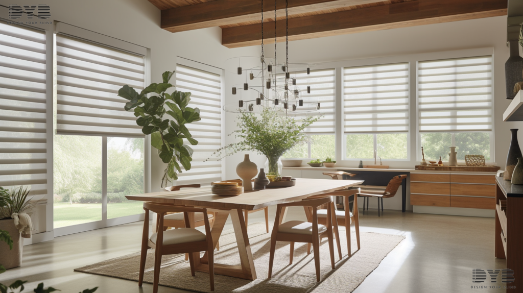 Screen Roller Shades in a Parkland, FL dining room with garden views