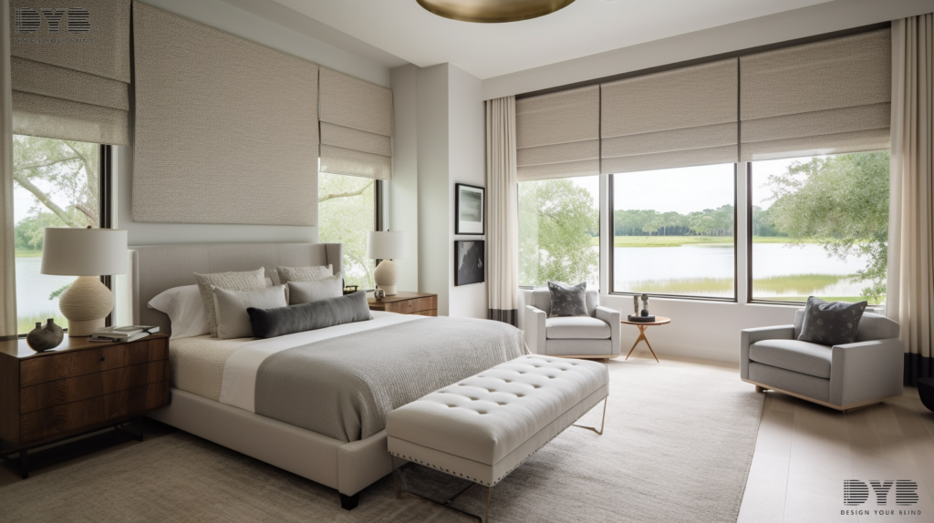 Screen Roller Shades in a Parkland, FL guest bedroom overlooking a lake