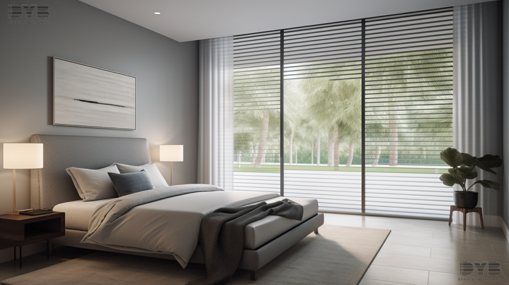 Screen Roller Shades in a Parkland, FL master bedroom overlooking a pool