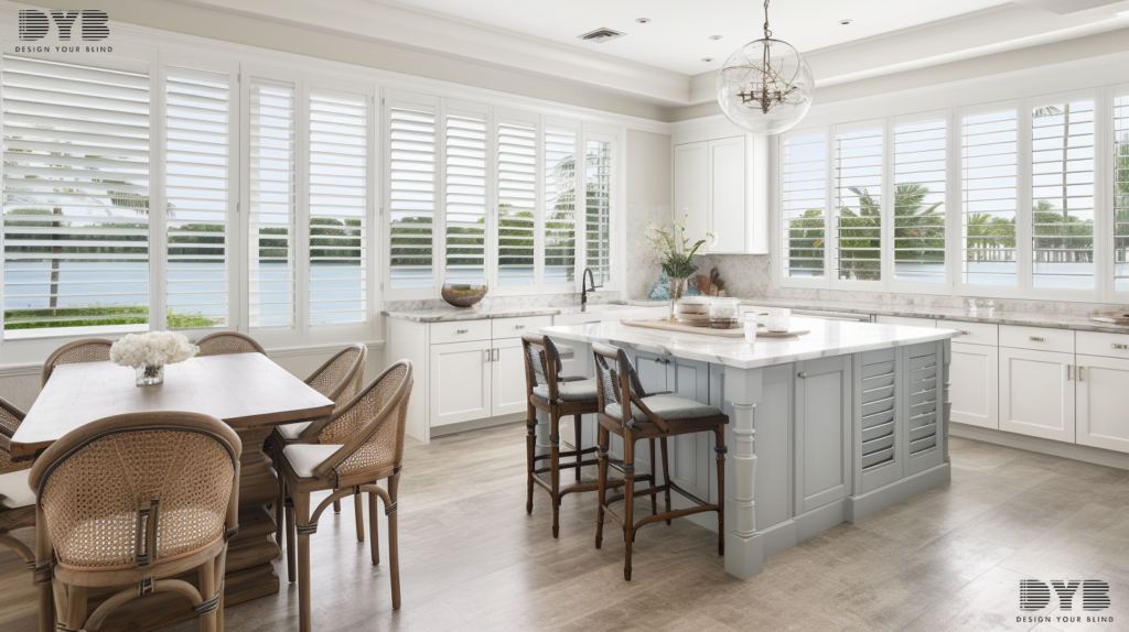 A kitchen with a farmhouse table and an island, featuring Plantation Shutters in Lighthouse Point, Florida.