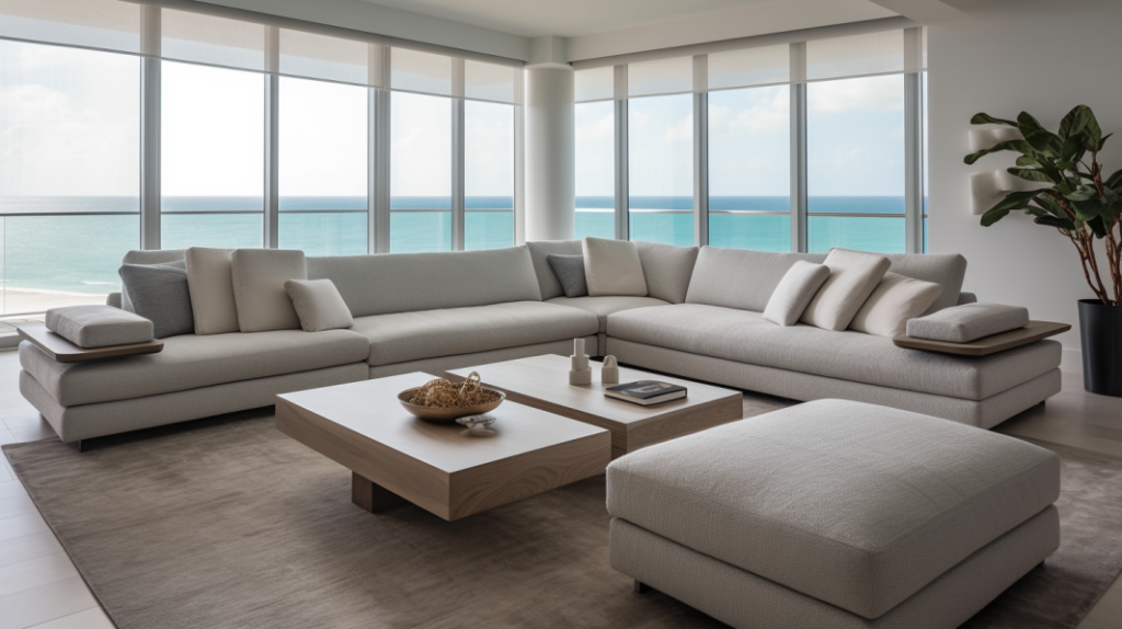 A family room with a sectional sofa and a coffee table, featuring Roller Shades in Lighthouse Point, Florida.