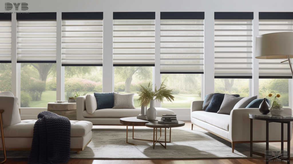 Roman Shades with Abstract fabric in a West Palm Beach, FL, Formal Living Room with a Contemporary design and furniture from Crate & Barrel