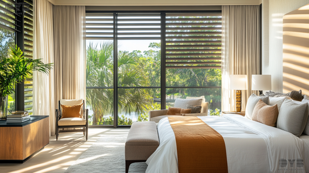 A master bedroom in Boca Raton, FL, with a large window showcasing a set of Solar Shades. The shades are partially closed, allowing for a soft, diffused light to filter through. The room is decorated in a Transitional style, with furniture from Williams Sonoma, including a king-sized bed, nightstands, and a cozy seating area. The window overlooks a serene canal view, adding a peaceful ambiance.