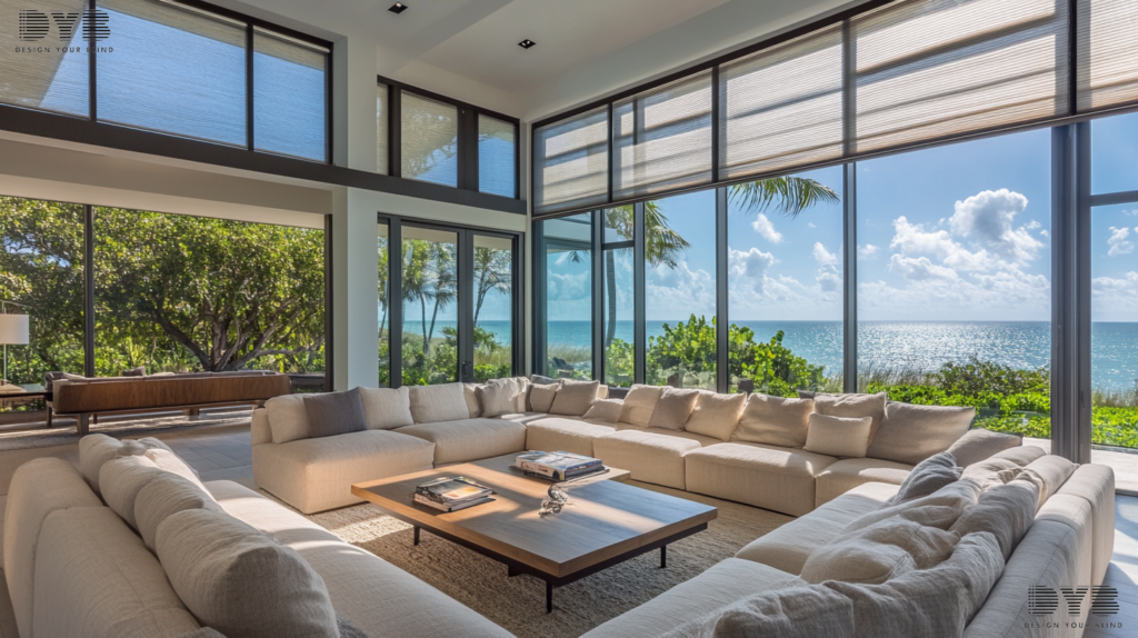 A family room in Boca Raton, FL, decorated in a Urban Modern style with a set of Solar Shades on a large window, partially closed. The shades are the focal point of the image, offering a contemporary look. The room has a large sectional sofa from Bernhardt, a coffee table, and a large area rug. The windows offer a stunning view of the ocean, with the sun casting a warm glow on the room.