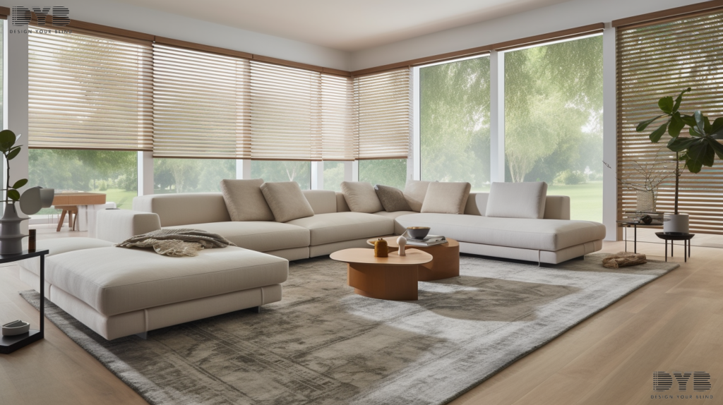 A family room with a sectional sofa, a coffee table, and a rug, featuring Roller Shades in Lighthouse Point, Florida.