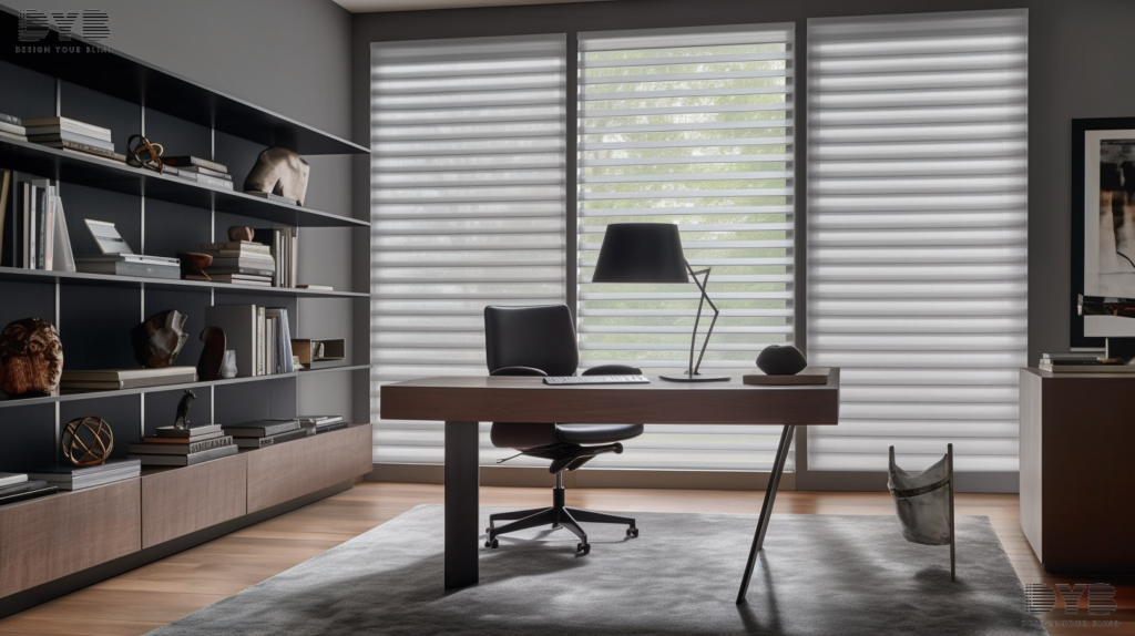 A home office with a desk and a chair, featuring Silhouette Shades in Lighthouse Point, Florida.
