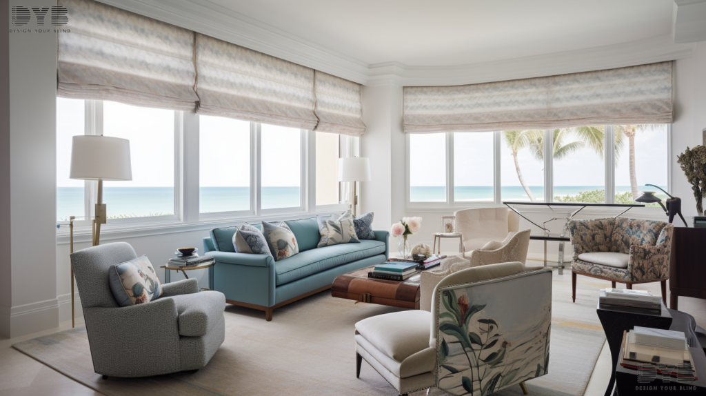 Roman Shades with Abstract fabric in a West Palm Beach, FL, Formal Living Room, with a coastal design and luxurious furnishings from Williams Sonoma