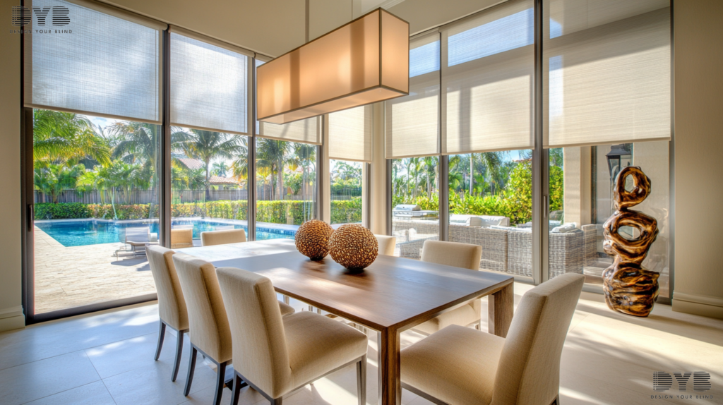 Dining room in Boynton Beach, FL, with Zebra Shades on large windows, showcasing a backyard view