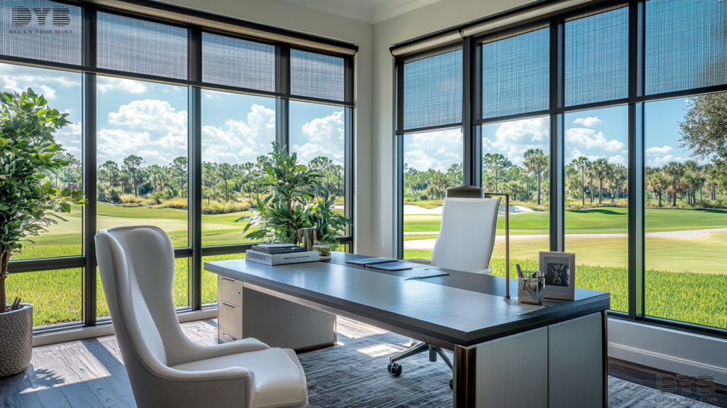 Home office in Boynton Beach, FL, with Zebra Shades on large windows, showcasing a golf course view