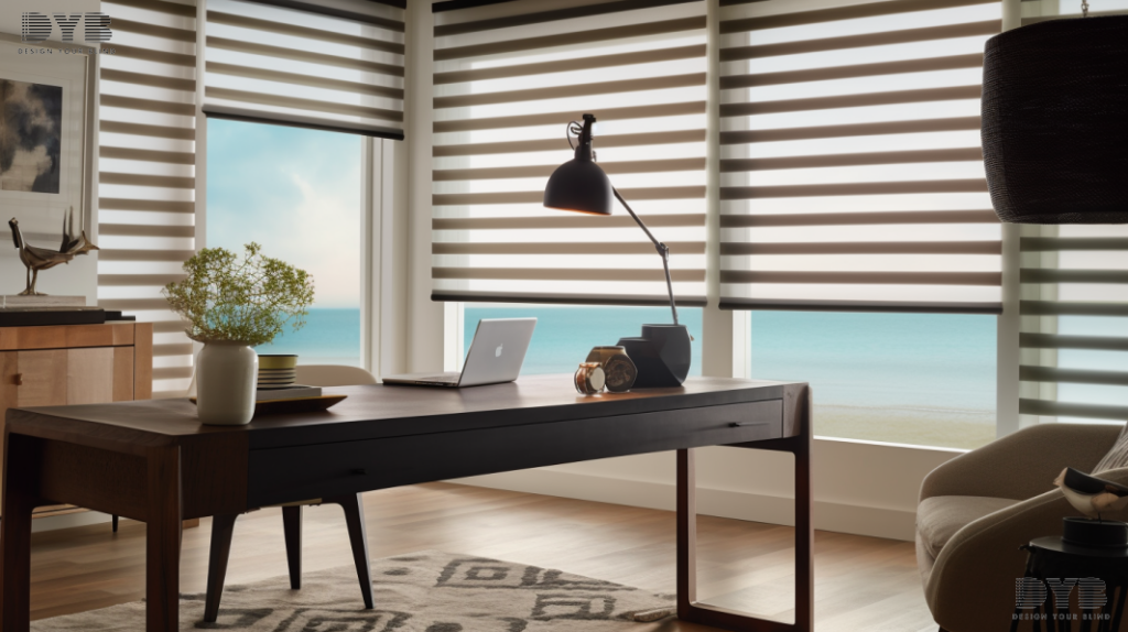 Home office in Boynton Beach, FL, with Zebra Shades on large windows, showcasing an ocean view