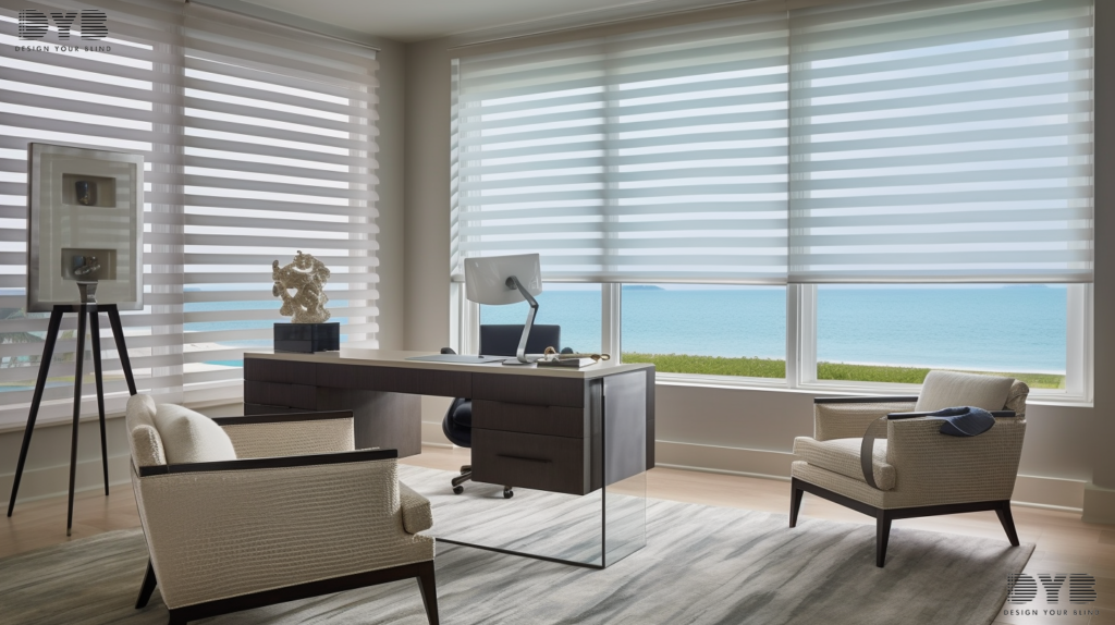 Sheer curtains in a contemporary Boynton Beach home office, offering a view of the ocean.
