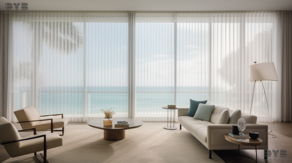 Sheer curtains in a minimalist living room in Boynton Beach, creating a luxurious and peaceful retreat.