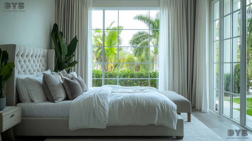Blackout curtains in a farmhouse modern Boca Raton bedroom, creating a stylish and functional space.