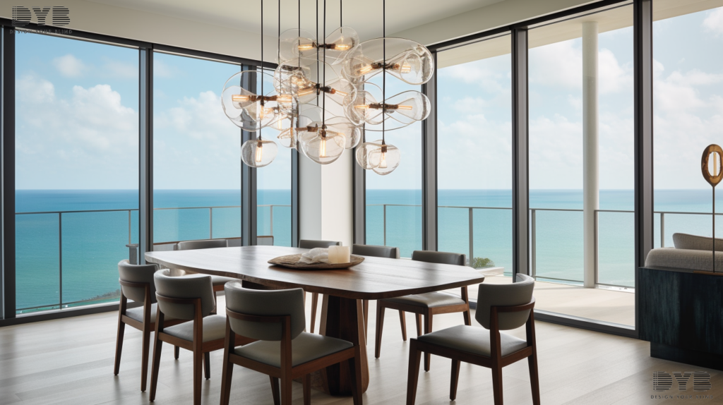 A dining room in Boca Raton, FL, with Solar Shades, showcasing a modern and inviting atmosphere.