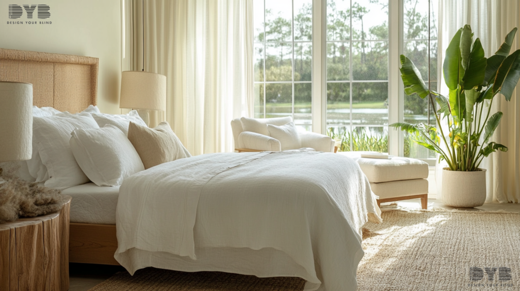 Blackout curtains in a Boca Raton guest bedroom, creating a warm and inviting space.