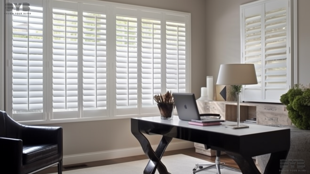 Boca Raton home office with Plantation Shutters, offering a perfect balance of light and privacy.