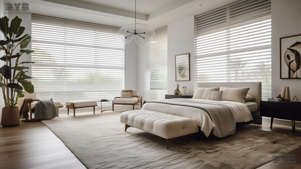 A master bedroom in Boca Raton, FL, with Solar Shades, showcasing a contemporary and inviting atmosphere.