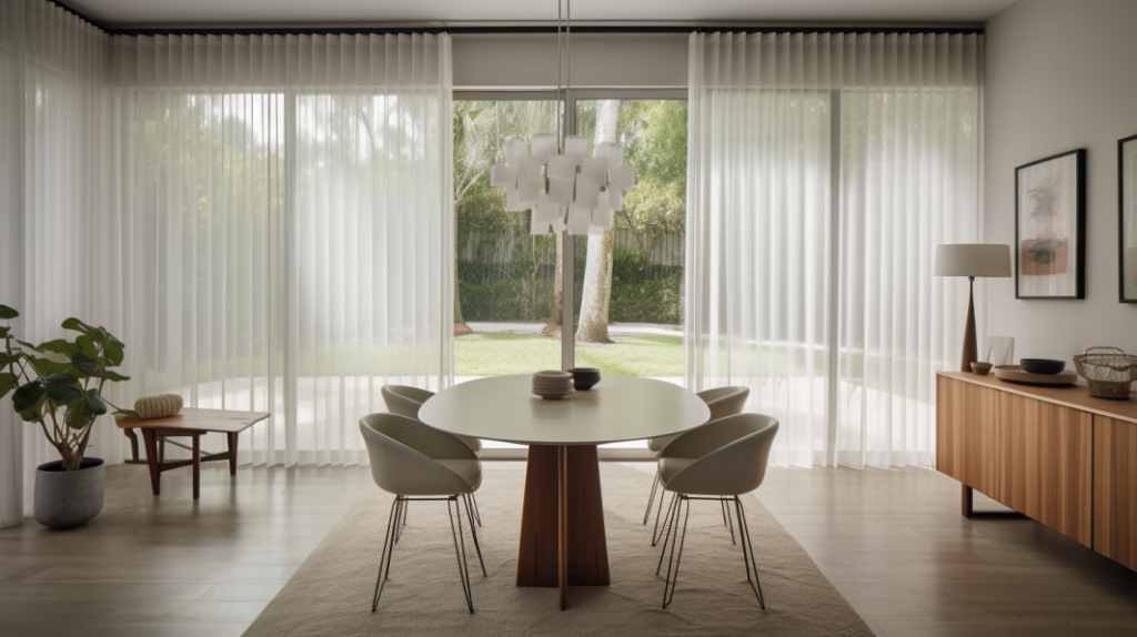 Sheer curtains in a minimalist dining room in Boynton Beach, creating a warm and inviting ambiance.