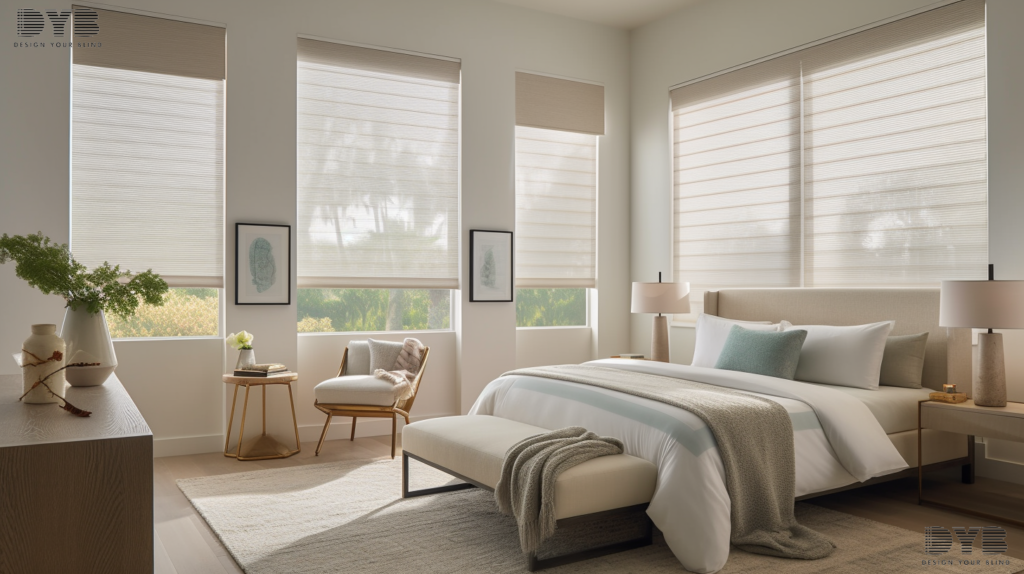 Roller Shades in a Coastal bedroom in Palm Beach Gardens, FL.