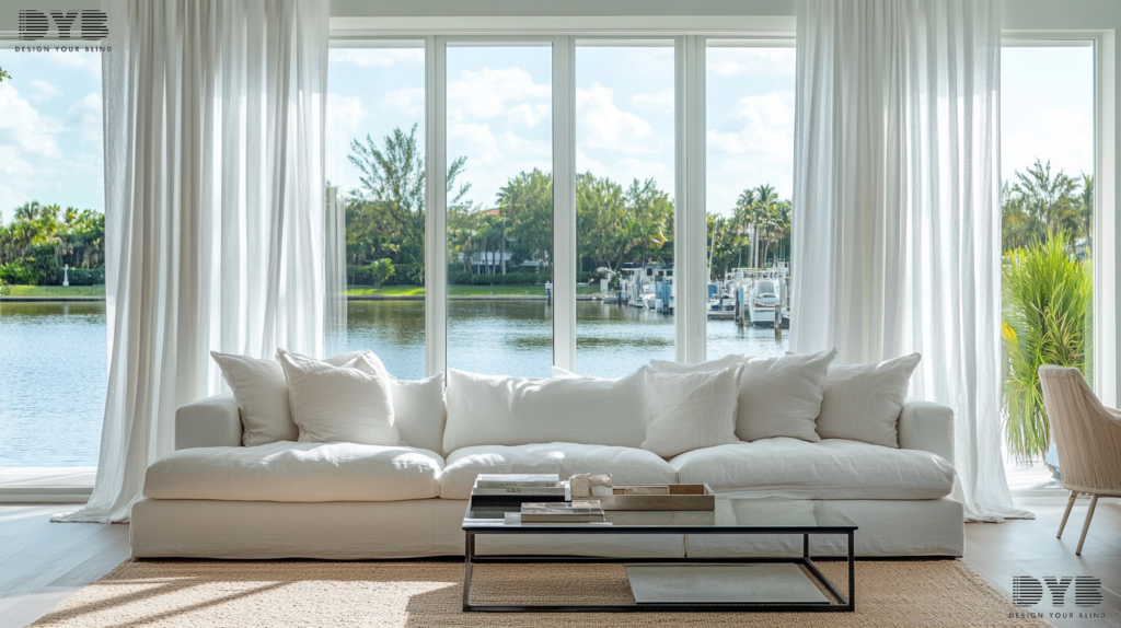 A living room in Palm Beach Gardens, FL, with Sheer Curtains, showcasing a plush white sectional sofa, a glass coffee table from Restoration Hardware, a minimalist aesthetic, and a view of the canals.
