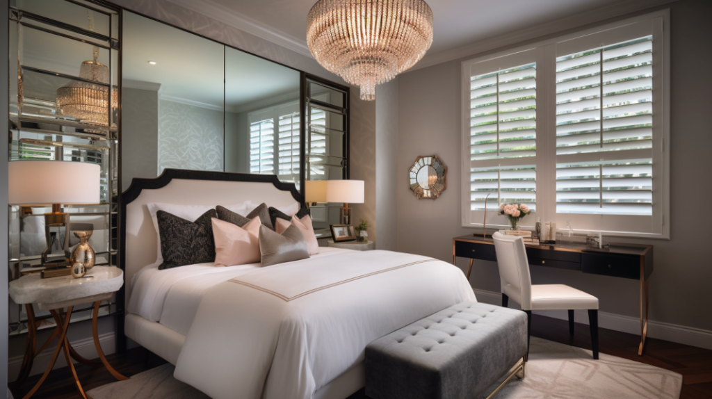 Boca Raton bedroom with Plantation Shutters, creating a modern and stylish retreat.