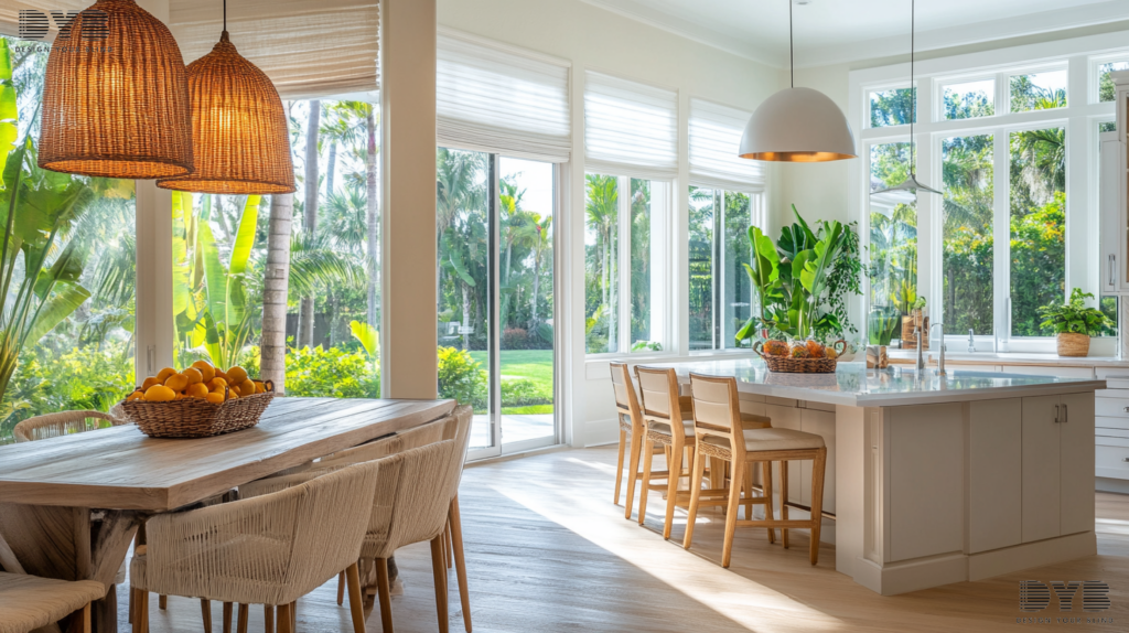 Farmhouse modern kitchen in Palm Beach Gardens, FL, with Hunter Douglas Pirouette Shades, featuring a garden view and Bernhardt furniture.