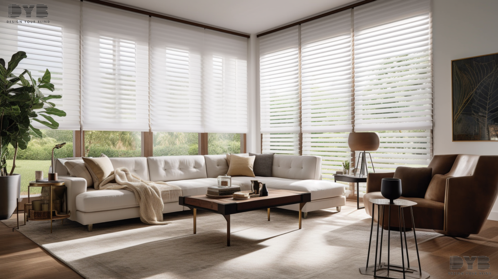 Roller Shades in a Farmhouse Modern living room in Palm Beach Gardens, FL.