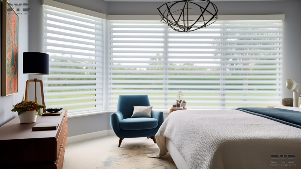 Master bedroom in Palm Beach Gardens, FL, with Hunter Douglas Pirouette Shades, featuring a farmhouse modern design with Ethan Allen furniture and a golf course view.