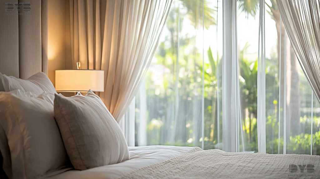 A cozy bedroom in Palm Beach Gardens, FL, with Sheer Curtains, featuring a king-sized bed with plush bedding from Baker Furniture, a bedside table with a modern lamp, and a lush backyard view.