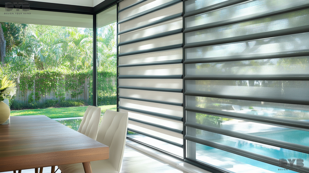 Dining room in Palm Beach Gardens, FL, with Hunter Douglas Pirouette Shades, featuring a modern design with Arhaus furniture and a backyard pool view.