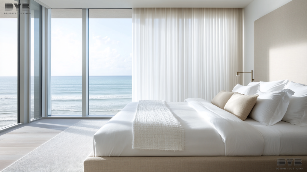 A minimalist bedroom in Parkland, Florida, with a sleek, modern bed from Williams Sonoma and large windows showcasing fully closed Silhouette Shades, offering privacy and a touch of elegance.