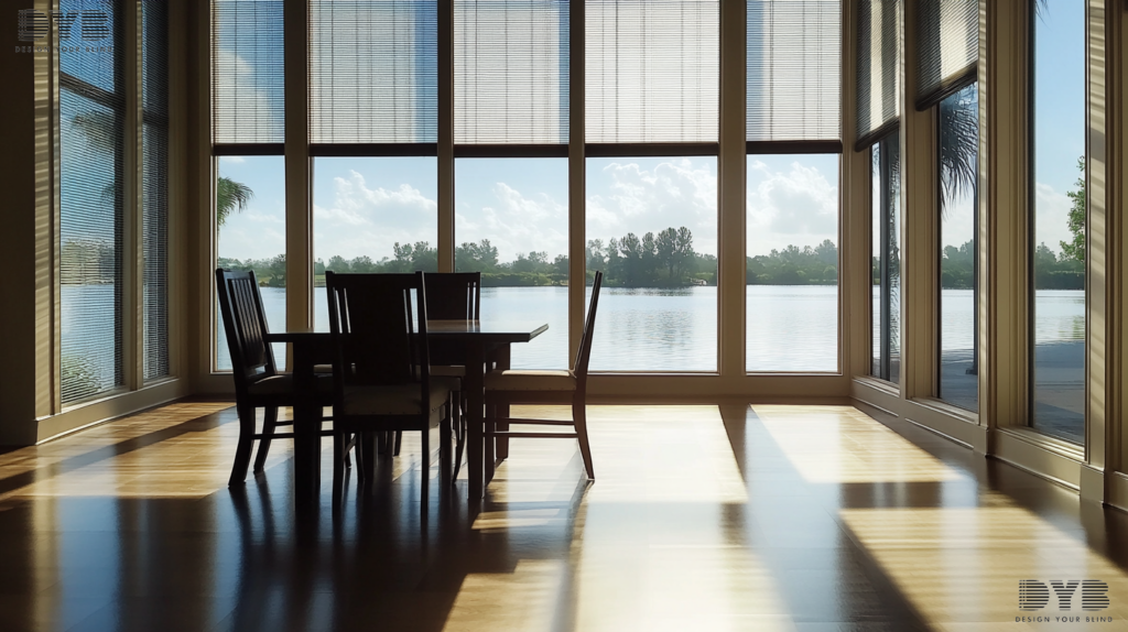 A coastal-inspired dining room in Parkland, Florida, with a table and chairs from Restoration Hardware (RH) and large windows featuring Silhouette Shades that cast soft shadows and create a warm and inviting ambiance.